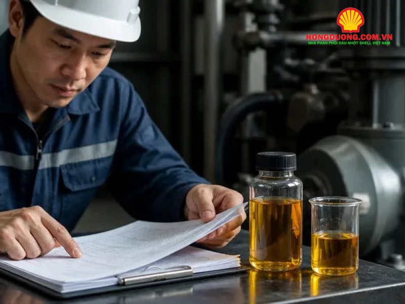 Kỹ sư ghi chép khi kiểm tra mẫu dầu nhớt tại nhà máy
