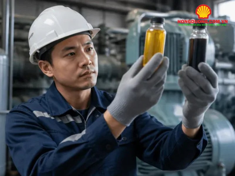 TBN dầu nhớt là gì? Ý nghĩa với động cơ diesel, tàu biển và cách đọc kết quả Kỹ thuật viên cầm hai mẫu dầu nhớt để so sánh màu sắc
