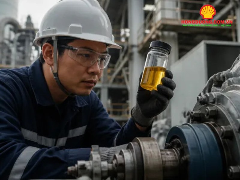 Dầu nhớt công nghiệp cao cấp: đo bằng tiêu chí nào, khi nào đáng đầu tư? Kỹ thuật viên đánh giá mẫu dầu bánh răng công nghiệp tại nhà máy