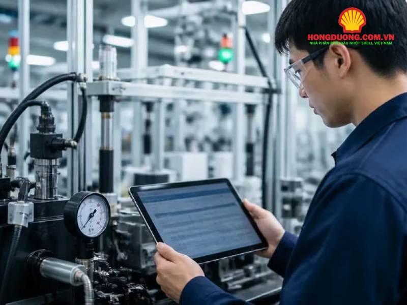 Tiêu chuẩn DIN 51524 dầu thủy lực: HL, HLP, HVLP khác nhau thế nào? Kỹ thuật viên dùng máy tính bảng kiểm tra hệ thống thủy lực