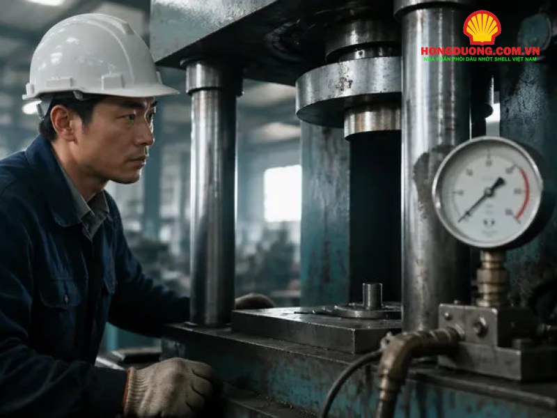 Kỹ thuật viên theo dõi đồng hồ áp suất trên máy ép thủy lực