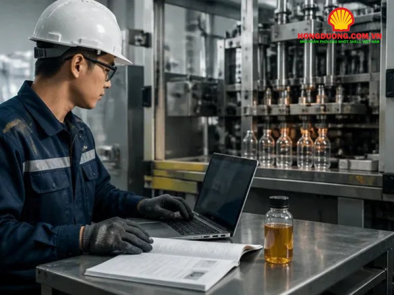 Chi phí bôi trơn nhà máy gồm những gì và cách tính cho đúng? Kỹ thuật viên ghi nhận dữ liệu dầu nhớt trên máy tính trong nhà máy