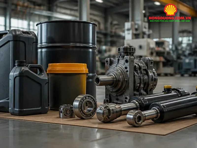 Phuy và can dầu nhớt đặt trên sàn xưởng cạnh phụ tùng máy