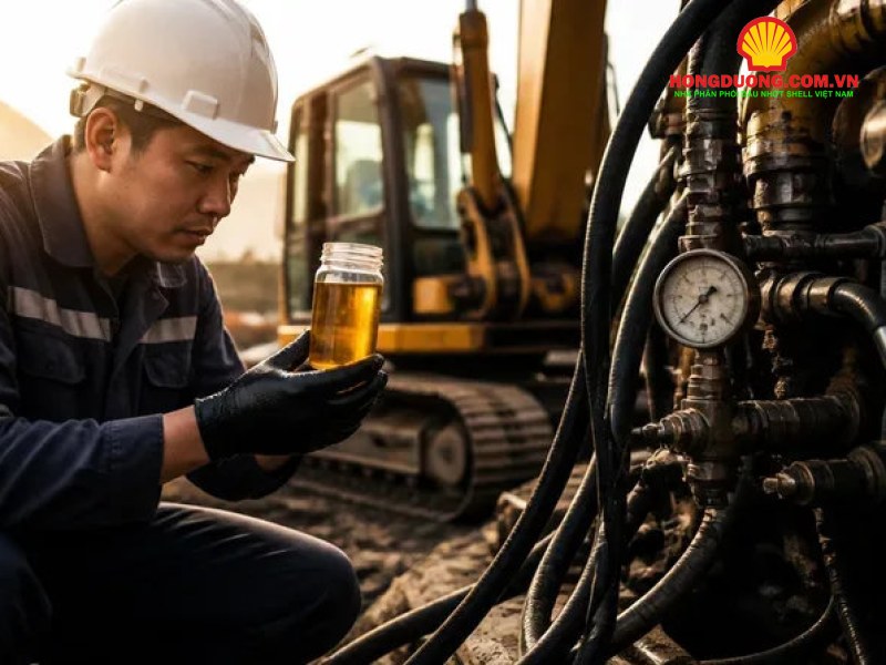 Thợ lấy mẫu dầu thủy lực trên máy xúc làm việc ngoài trời