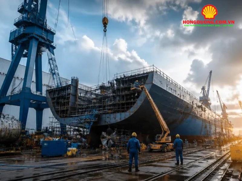 Dầu nhớt sinh học là gì? Tiêu chuẩn, ứng dụng và cách chọn cho doanh nghiệp Xưởng đóng tàu ven biển với cần cẩu và thân tàu đang thi công